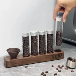 Solo Single Dose Bean Cellar With Wooden Display Rack And Funnel -Coffee Machine Shop GlassTubes2