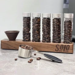 Solo Single Dose Bean Cellar With Wooden Display Rack And Funnel -Coffee Machine Shop GlassTubes6